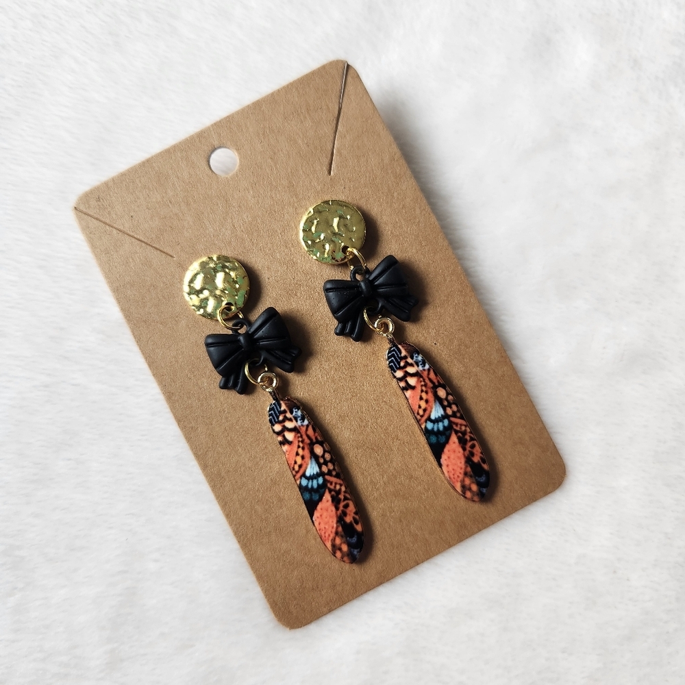 Black and Orange Dangle Earrings with Gold Accents